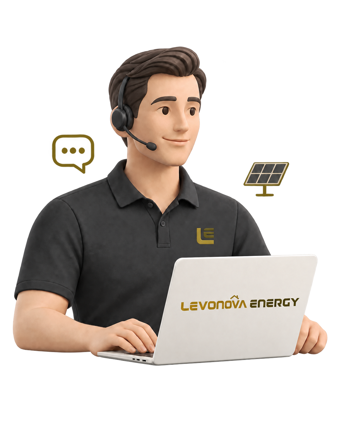 Levonova Berater mit Headset, Firmenlogo auf dem Shirt und Laptop
