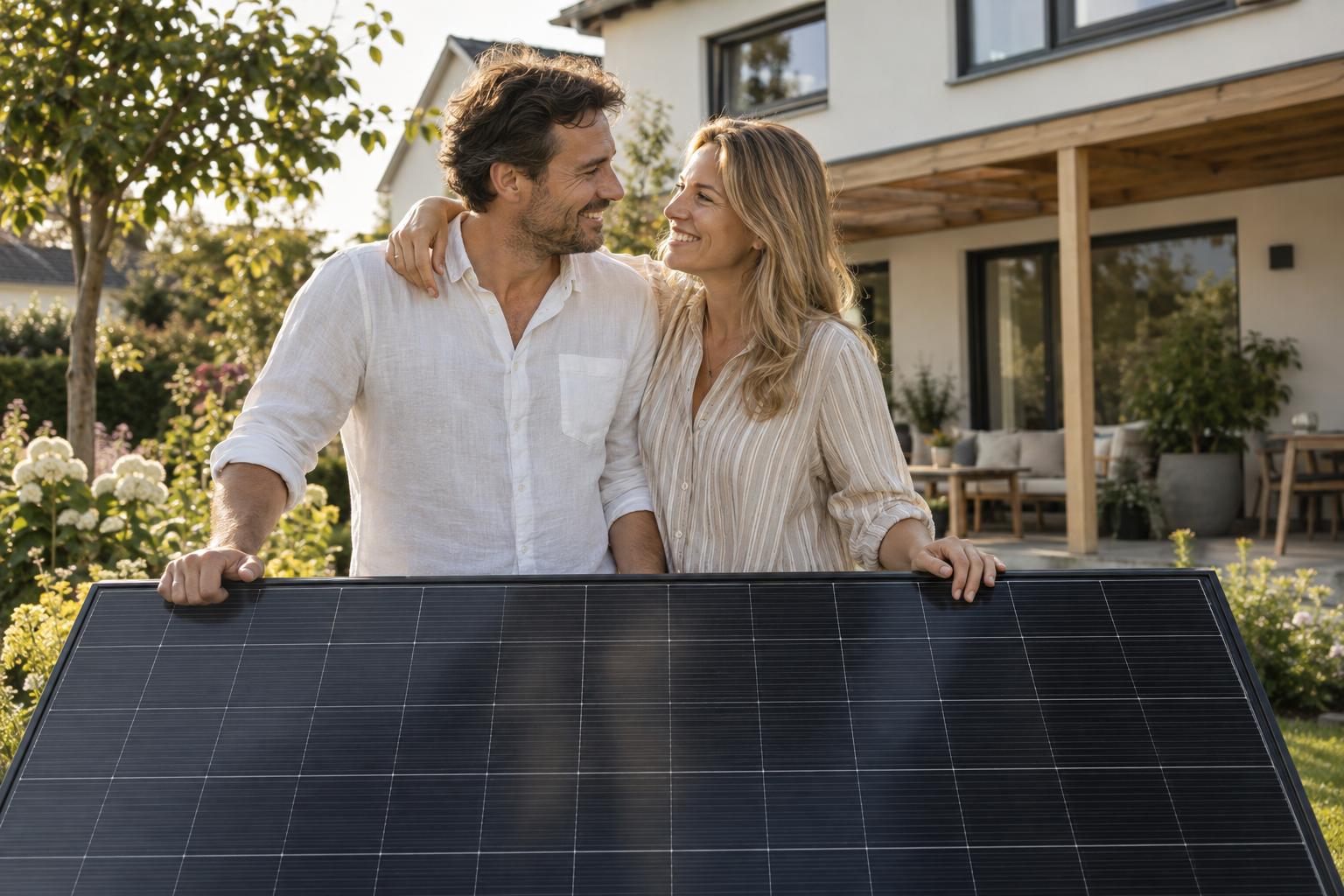 Paar vor seinem Zuhause mit Solarmodul