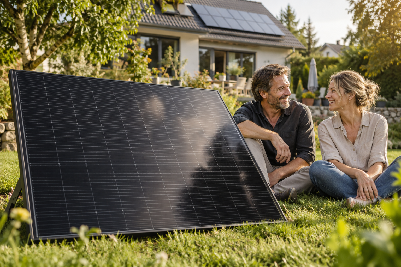Paar mit Solarmodul vor einem Haus mit Photovoltaikanlage
