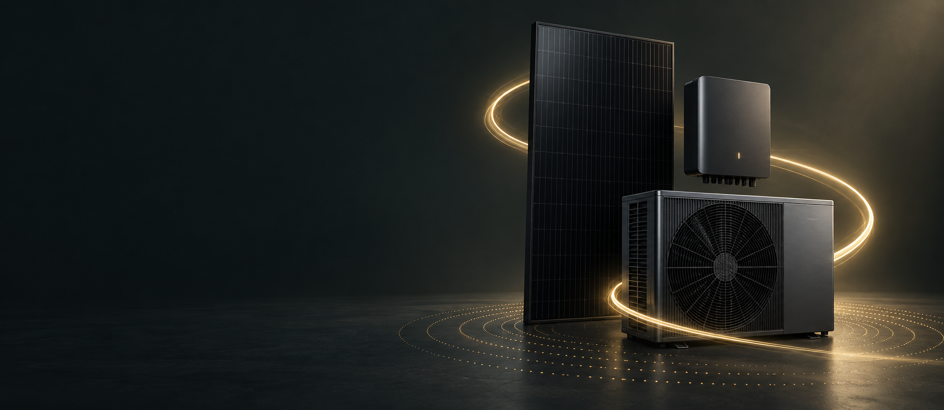 Solarmodul, Wechselrichter und Wärmepumpe mit goldenem Energiefluss